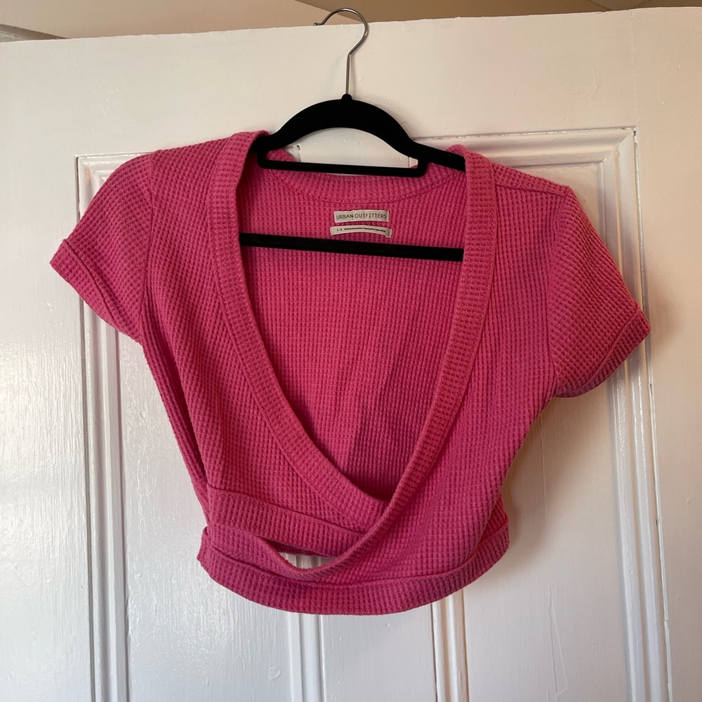 Urban Outfitters Pink Ribbed Wrap Crop Top
